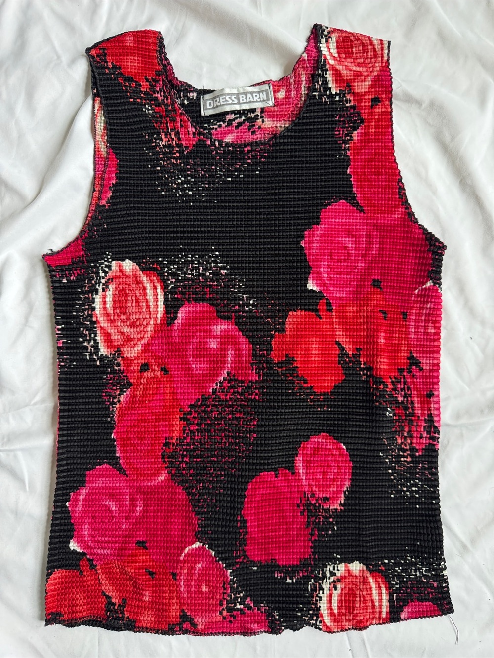 90s Dress Barn Black Tank Top with Bright Pink & Red Floral Print